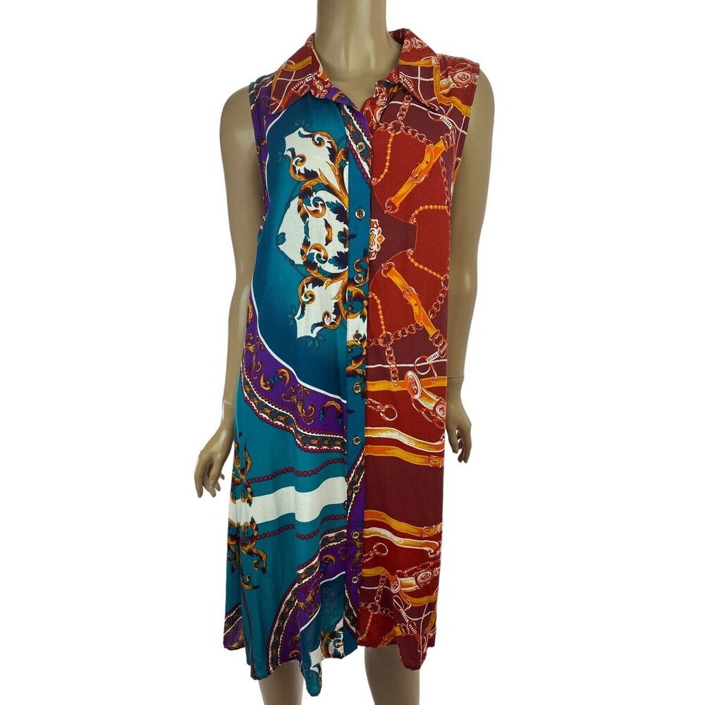 MSK Dress Sleeveless Button Front Closure Size L Multi-Color Collared 100% Rayon
